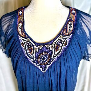 Anthropologie Akiko Silk Beaded Boho Blouse